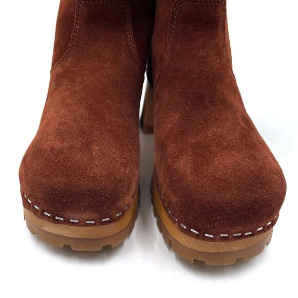Swedish Hasbeens Suede Teddy Boots Platform Cognac Block Heel Pull On Sz 37 / 7 - Picture 4 of 10